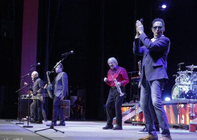 A band performs on stage with four men in the foreground, one clapping and wearing sunglasses. Instruments like a trumpet and guitars are visible, and stage lights shine in the background.