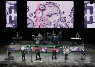 A band performs on stage with multiple musicians and instruments, backed by a large screen displaying images of overlapping vintage stopwatch faces and bold numbers.