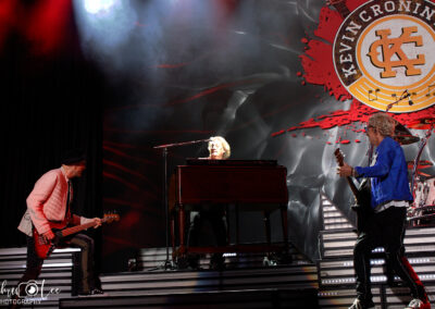 Three musicians perform energetically on stage; one plays keyboard and sings, another plays bass, and a third plays guitar. A large KEVIN CRONIN BAND logo is displayed on a screen behind them. Bright stage lights shine down.