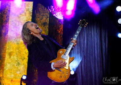 A long-haired musician passionately plays an electric guitar on stage, eyes closed and mouth open as if singing. Vibrant stage lights and a colorful background illuminate the scene.