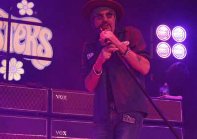 A singer wearing sunglasses, a red hat, and a black vest performs on stage with a microphone. Behind him are VOX amplifiers and purple stage lights. Part of a retro-style band logo with flowers is visible in the background.
