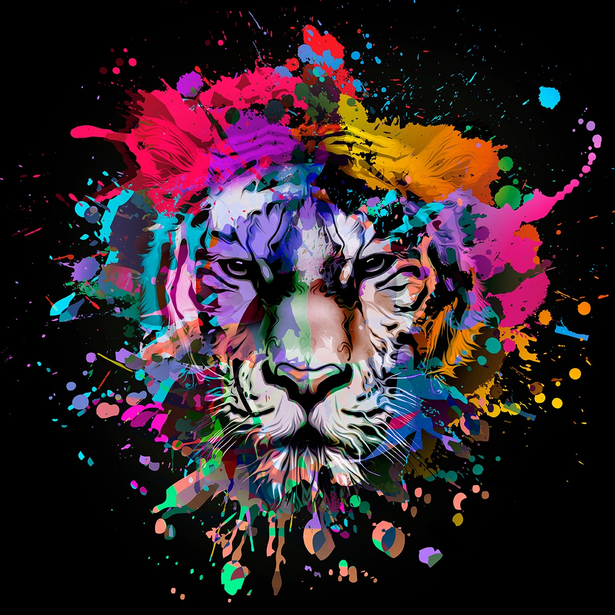 A stylized lions face is illustrated with vibrant splashes of colorful paint on a black background, creating an energetic and artistic effect.