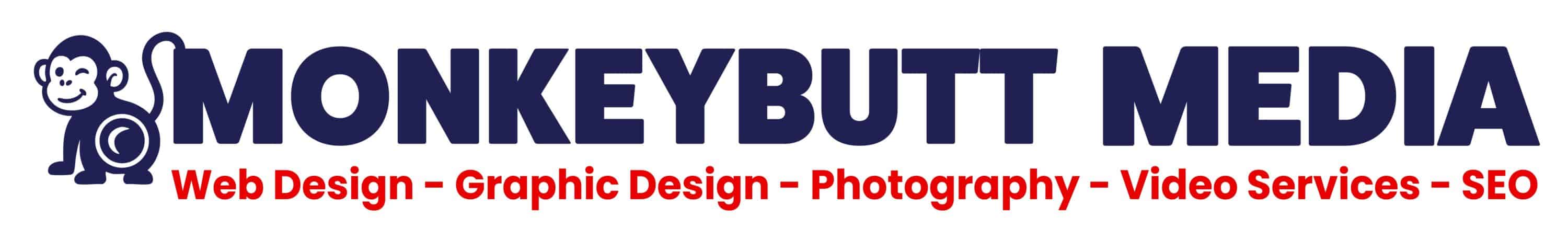 Logo for MONKEYBUTT MEDIA with a cartoon monkey on the left. Below the name, services listed in red: Web Design, Graphic Design, Photography, Video Services, and SEO.