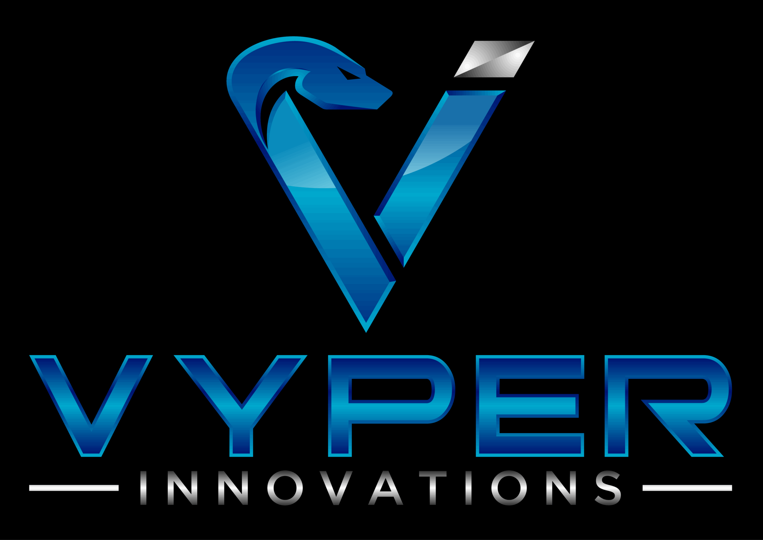 Logo for Vyper Innovations featuring a stylized blue letter V with a snake head on the upper left, and bold blue text VYPER above smaller white text INNOVATIONS on a black background.