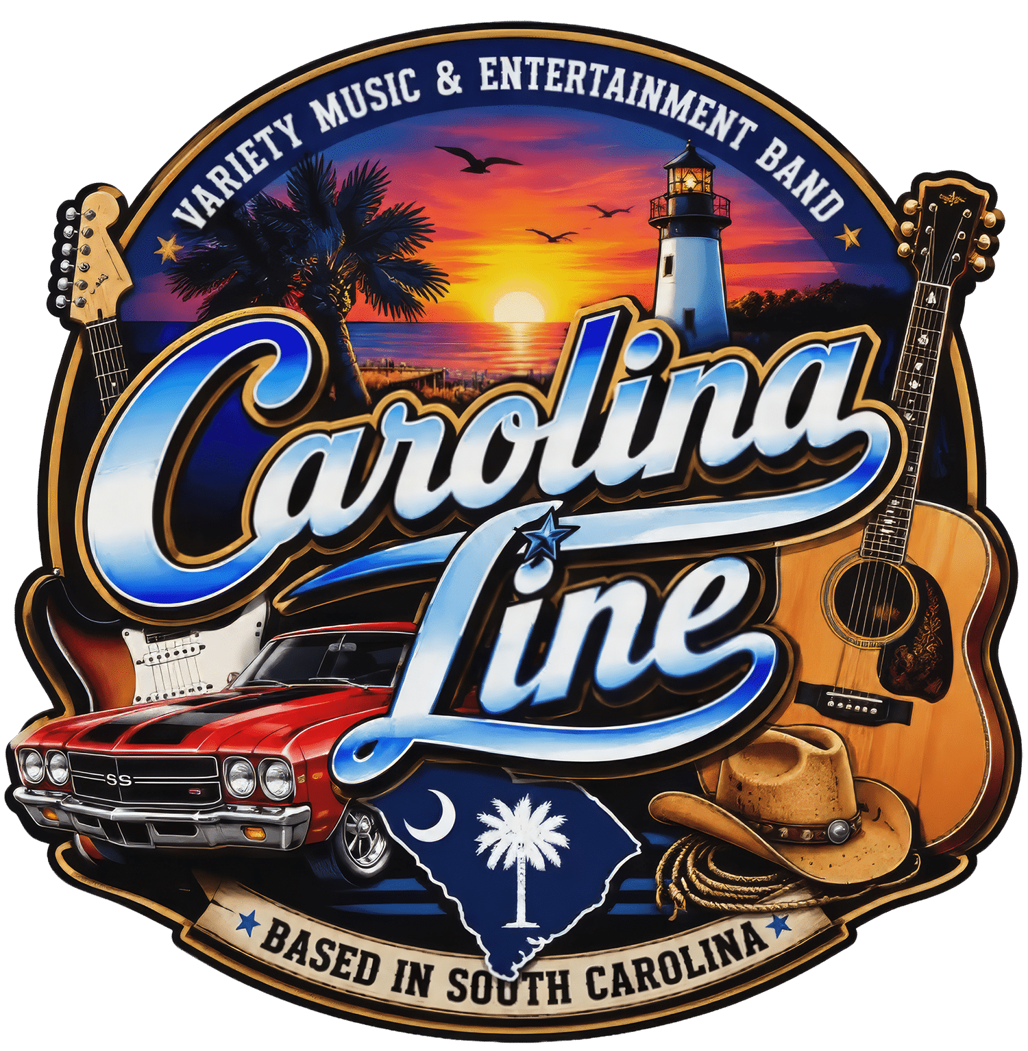 Logo for the band Carolina Line, featuring a sunset with palm trees, a lighthouse, guitars, a classic car, cowboy hat, and the South Carolina state outline. Text reads “Variety Music & Entertainment Band” and “Based in South Carolina.”.