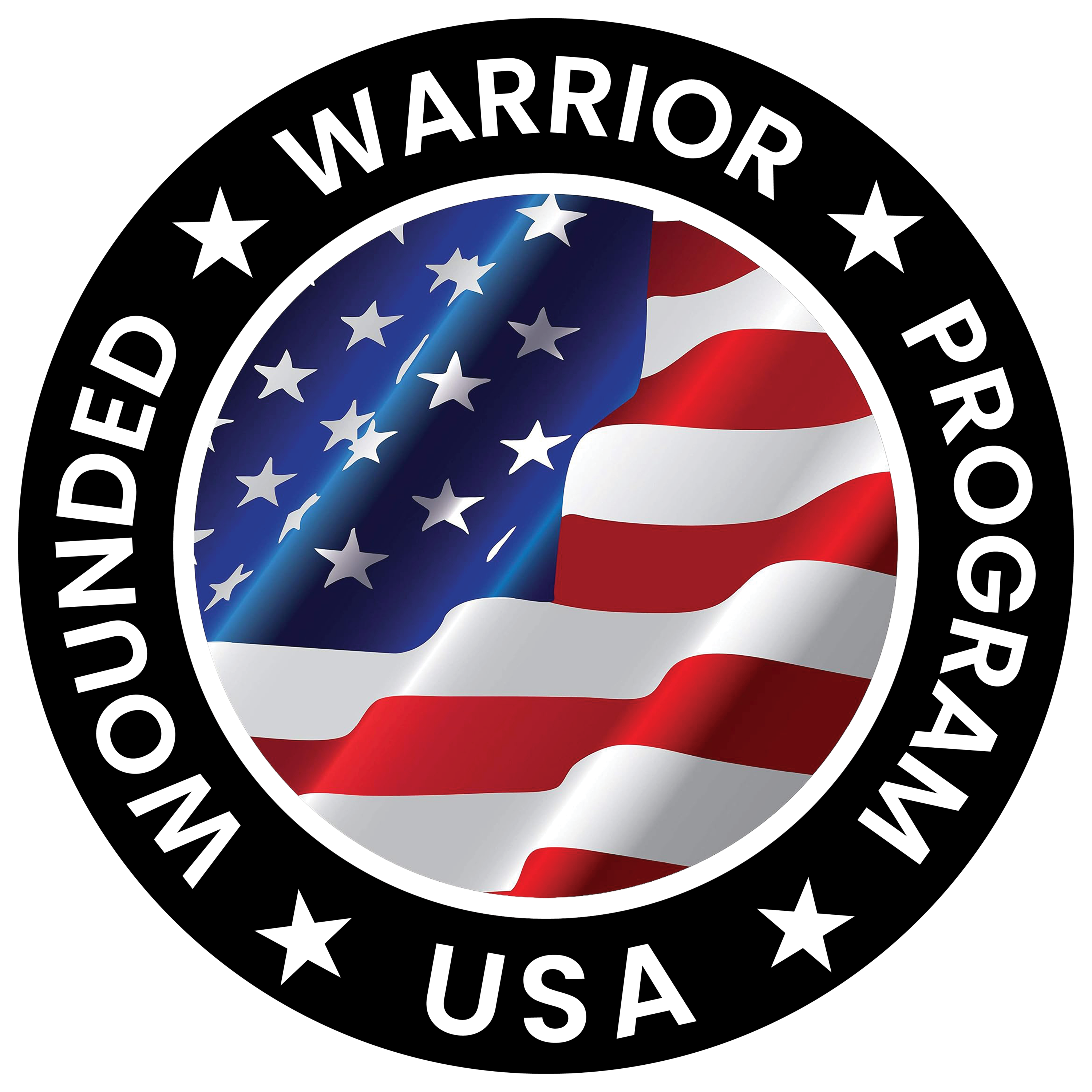 Circular badge featuring a waving American flag inside a black ring with white stars and 'USA' text surrounding it.