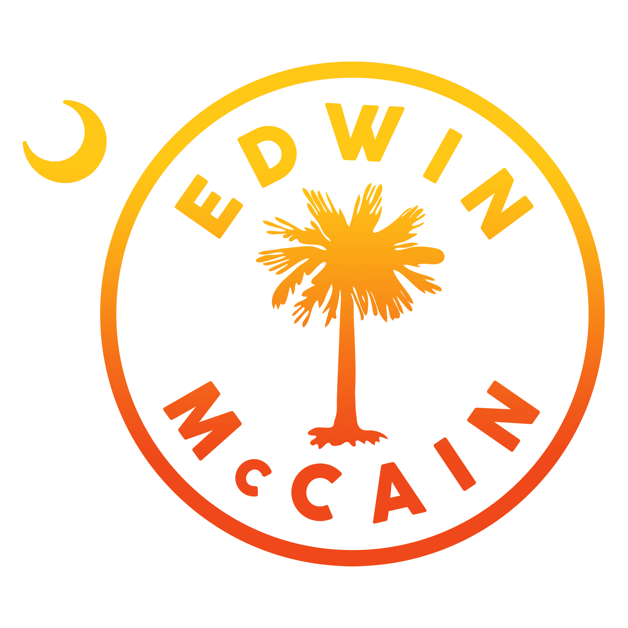 A circular logo with a gradient outline and text reading Edwin McCain. A palm tree is centered inside the circle, and a crescent moon is outside to the upper left. The colors fade from yellow to orange.