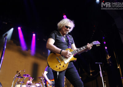 Musician plays a gold-top electric guitar on stage under purple spotlights during the Brotherhood of Rock Tour.