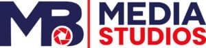 Logo for MB Media Studios, a creative agency featuring the letters MB with a red camera aperture icon, followed by the text MEDIA STUDIOS in dark blue and red.